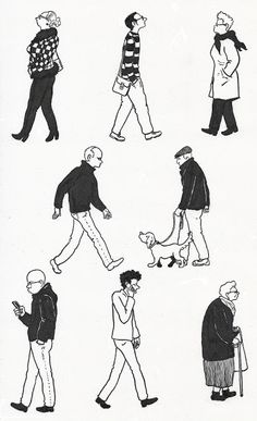 black and white drawing of people walking down the street with their dogs on leashes