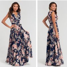 two pictures of a woman in a floral dress