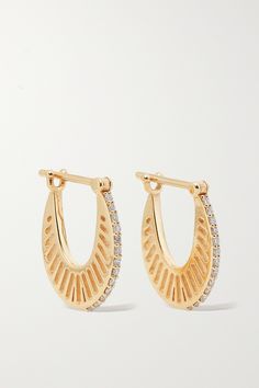 L'Atelier Nawbar's 'Flat Ray' earrings draw inspiration from optical prisms, which scatter white light into a spectrum of color. Cast from 18-karat gold in a hoop shape, they are detailed with cutout beams and shimmering diamonds to striking effect. Gold Diamond Hoop Earrings, Gold Flats, Prisms, Enamel Earrings, Diamond Hoop Earrings, Fine Jewellery Earrings, White Light, Ear Piercings, Jewellery And Watches