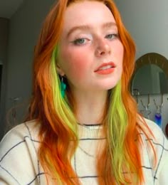 Gingers With Dyed Hair, Ginger Hair With Blue Underneath, Ginger Hair With Streaks Of Color, Ginger And Turquoise Hair, Orange To Green Hair, Auburn And Green Hair, Dyed Sides Of Hair, Side Dyed Hair, Ginger With Colored Streaks