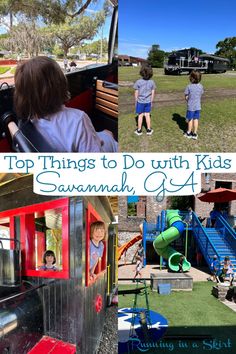 two children are playing in the park with their parents and dads, including a train