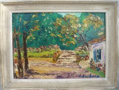 an oil painting of a house and trees