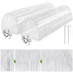 three images show how to make a clear plastic tent with hooks and clothes hanging on it