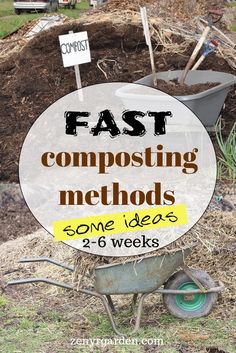 a wheelbarrow filled with dirt next to a pile of composting