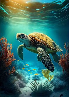 a painting of a sea turtle swimming in the ocean with corals and fish around it