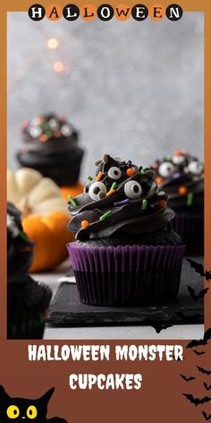 halloween cupcakes with chocolate frosting and sprinkles on top, decorated in