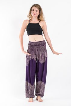 Floral Mandalas Women's Harem Pants in Purple Pajama Bottoms Womens, Black Harem Pants, Boho Goth, Warm Leggings, High Waist Yoga Pants, Fleece Dress, Trendy Street Style, Sport Dress