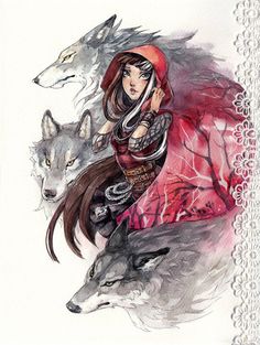 a drawing of a woman and two wolfs