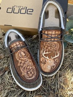 Western Shoes For Women, Tooled Leather Hey Dude Shoes, Outfit With Hey Dudes, Leather Hey Dudes, Western Hey Dudes, Country Guy Outfits, Hay Dudes, Cute Hey Dudes, Hey Dude Shoes Women