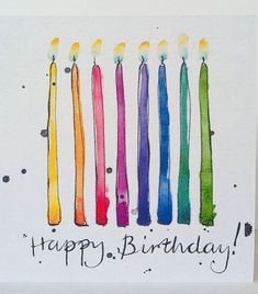 a birthday card with five lit candles in different colors and the words happy birthday written on it