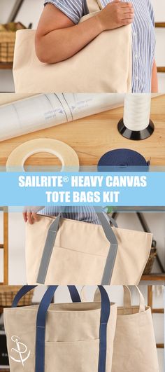 a person sitting at a table with a tote bag in front of them and the text, salritte heavy canvass tote bags kit