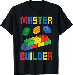 Brick Builder Funny Blocks Building Master Builder Toys Kids T-shirt Lego Sign, Lego Shirts, Reading Themes, Lego Birthday, Digital Screen, Border Embroidery, Novelty Clothing, Toys Kids, Boys Clothes Style