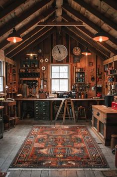 a room filled with lots of wooden furniture and clocks hanging from the ceiling over a rug