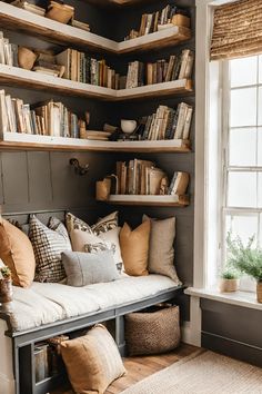 a room filled with lots of bookshelves and pillows on top of each other