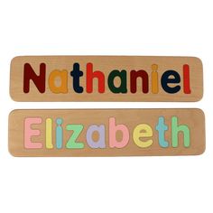 two wooden name puzzles with the words nathan and elizabeth in multicolored letters