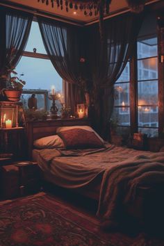 a bed in a room with curtains and lights on the window sill above it