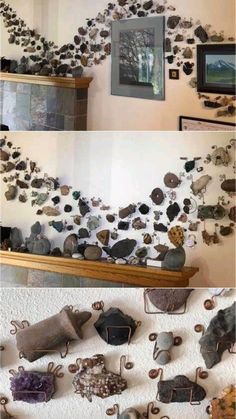 the wall is covered with many different rocks and metal pieces, including one that has been made into a sculpture