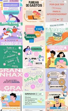 a series of posters with different types of people and words on them, all in different colors