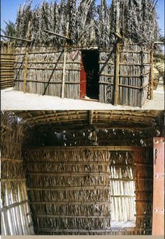 two pictures of an old house made out of bamboo