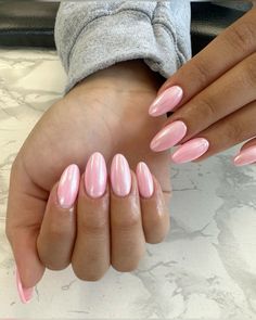 Acrylic Nails Almond Pink French, Nail Designs Pink Chrome, Pink Nail Inspo Almond Short, Light Pink Nail Inspiration, Pink Nail Inspo Acrylic Almond, Nails For Back To School 2024, Homecoming Nails For Pink Dress, Cute Nails With Chrome