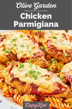 chicken parmesan on top of pasta in a white plate with text overlay