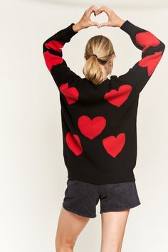 -Long sleeves-Oversized-Pullover sweater-Knit sweaterFabric Contents: 100% POLYESTER Oversized Black Sweater, Weekend Fashion, Oversized Pullover Sweaters, Burgundy Outfit, Sweater Fabric, Heart Sweater, Oversized Pullover, Fashion Board, Red Hearts