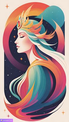 a woman's face with colorful hair and stars in the sky above her head