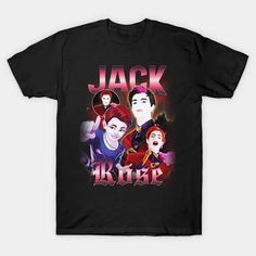 a black t - shirt with an image of jack and alice on it's chest