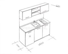 an outline drawing of a kitchen with sink, cabinets and cupboards royalty illustration on white background