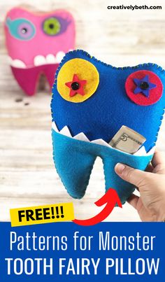 a toothbrush holder made out of felt with the words free patterns for monster tooth fairy pillow