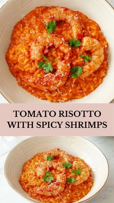 two bowls filled with shrimp and sauce on top of a white countertop next to the words tomato risotto with spicy shrimps