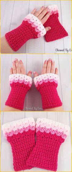 crocheted fingerless gloves with pink and white trims are shown in three different views