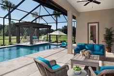 an outdoor living area with blue cushions and furniture next to a swimming pool in the background