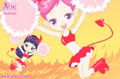 two cartoon girls with pom poms on their heads, one holding a cheerleader's pom pom