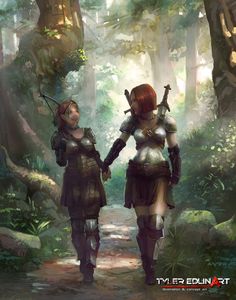 two women in armor walk through the woods holding hands and looking at something behind them