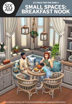 an animated image of two people sitting at a table in front of a kitchen with the caption small spaces breakfast nook