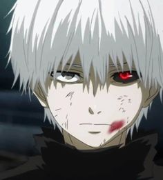 an anime character with white hair and red eyes