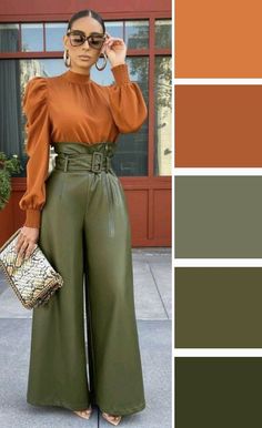 Olive Green Outfit, Fall Color Schemes, Orange Outfit, Hair Wedding, Aesthetic Look