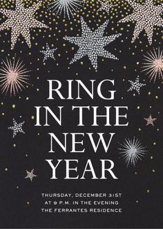 a black and gold new year's eve party card with stars on the side