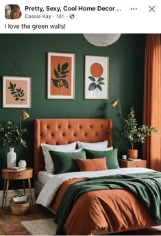 an orange and green bedroom with pictures on the wall