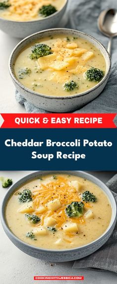 two bowls of cheesy broccoli potato soup