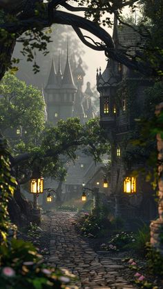 an image of a castle at night with lights shining on the buildings and trees in the foreground