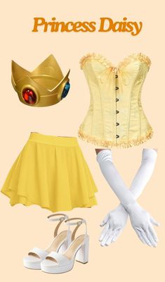 the princess daisy costume is yellow and has white gloves