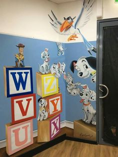 this is a child's room decorated in the style of disney pixas