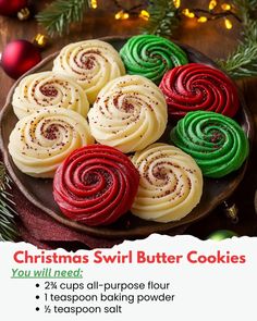 Christmas Swirl Butter Cookies 🎄😍  Ingredients:  2¾ cups all-purpose flour 1 teaspoon baking powder ½ teaspoon salt 1 cup unsalted butter, softened 1 cup granulated sugar 1 large egg 1 teaspoon vanilla extract ½ teaspoon almond extract Red and green gel food coloring  Directions:  In a medium bowl, whisk together the flour, baking powder, and salt. Set aside. In a large bowl, beat the butter and sugar together until light and fluffy. Add the egg, vanilla extract, and almond extract, mixing until smooth. Gradually add the dry ingredients to the wet mixture, mixing until a soft dough forms. Divide the dough into three equal portions. Leave one portion plain, then color the other two portions with red and green gel food coloring, kneading until evenly colored. Roll each dough portion into a Cookies With Cinnamon Chips, Cookies With Cinnamon, Christmas Cookie Recipes Holiday, Christmas Baking Recipes, Cinnamon Chips, Recipes Christmas, Cake Mix Cookies, Baking And Pastry, Cooking Recipes Desserts