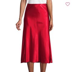 No- Waistband Style. Side Zip With Hook Closure. Polyester/ Spandex Red Satin Summer Bottoms, Red Satin Bottoms For Summer, Red Satin Bottoms, Red Satin Party Bottoms, Elegant Red Satin Bottoms, Red Satin Skirt For Summer, Red Flowy Skirt For Night Out, Navy Midi Skirt, 70s Skirt