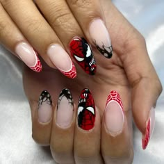 Valentines Spiderman Nails, Miraculous Inspired Nails, Acrylic Nail Designs Spiderman, Spider Man And Venom Nails, Marvel Avengers Nails, Spiderman Christmas Nails, Big Hero 6 Nails, Spider Man Valentines Nails, Scarlett Witch Nails