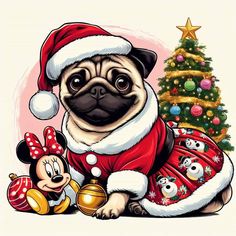 a pug dog wearing a santa claus outfit sitting in front of a christmas tree