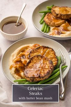 two plates with meat and mashed potatoes on them next to a cup of coffee