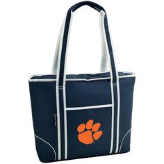 an orange and white clemson tigers logo on a navy tote bag with the word,